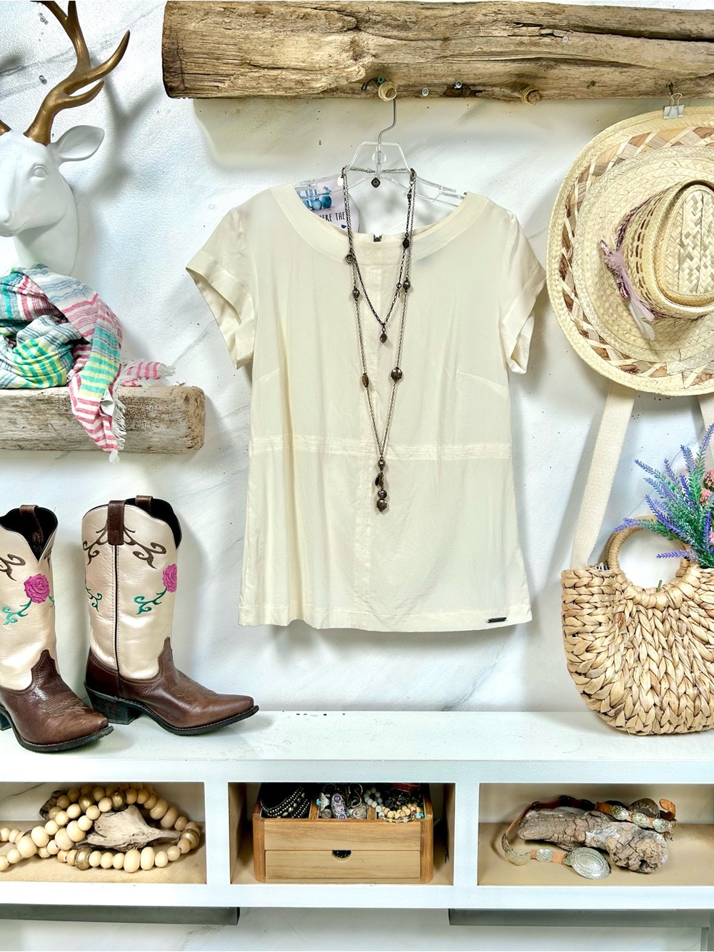 Barbour SILK Cream Short-Sleeve blouse w resort vacay chic luxury vibe